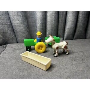 Fisher Price Farmer Tractor Wagon Green Farmer Cowboy Cow Water Trough Toy Lot